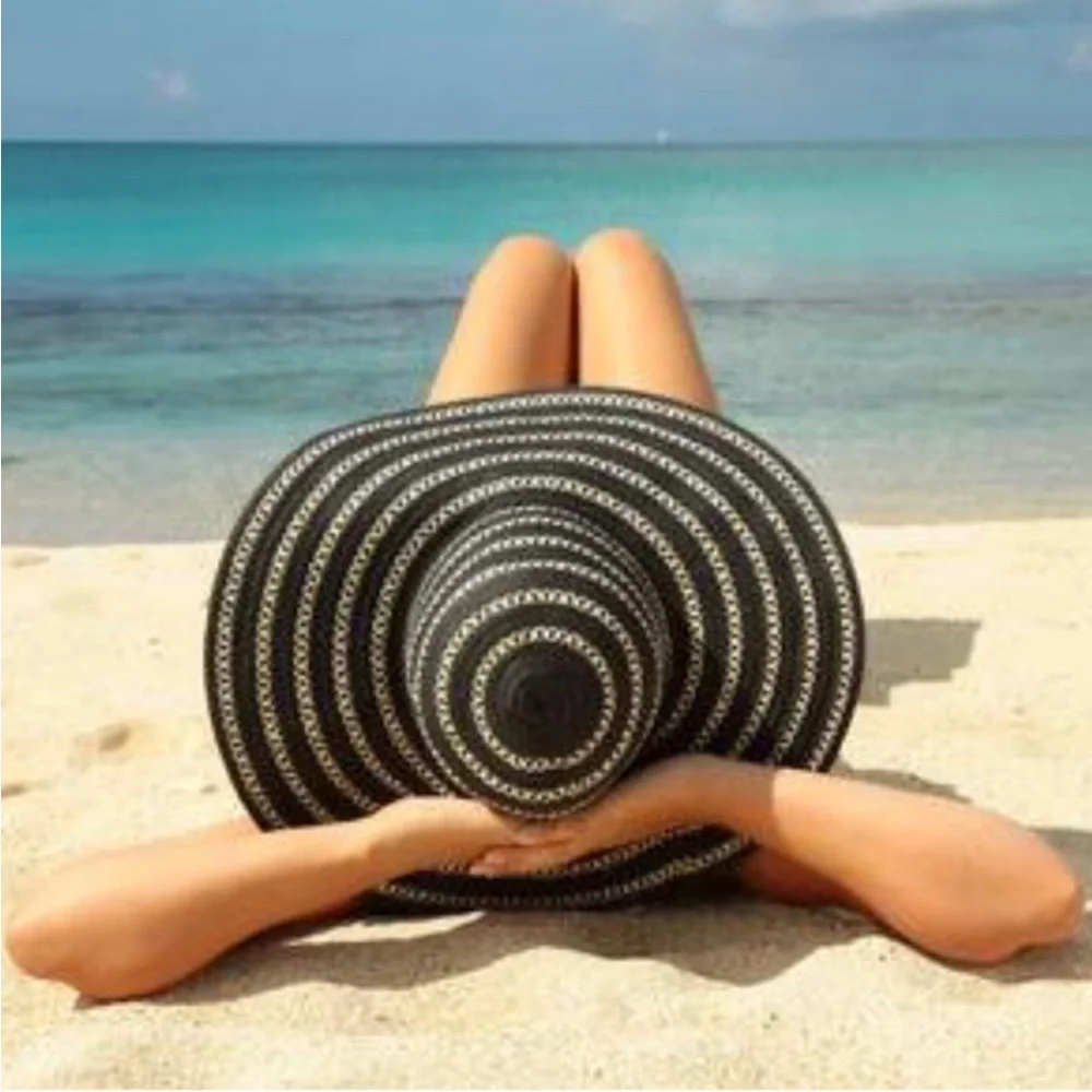 Sun Hats 4 Pc Set Wide Brim Summer Beach Straw Derby Fedora Natural Black Womens